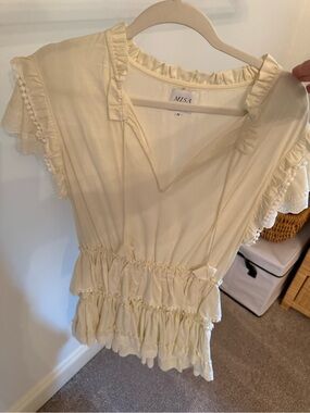 Misa Los Angeles Cream Ruffle Short Sleeve Dress